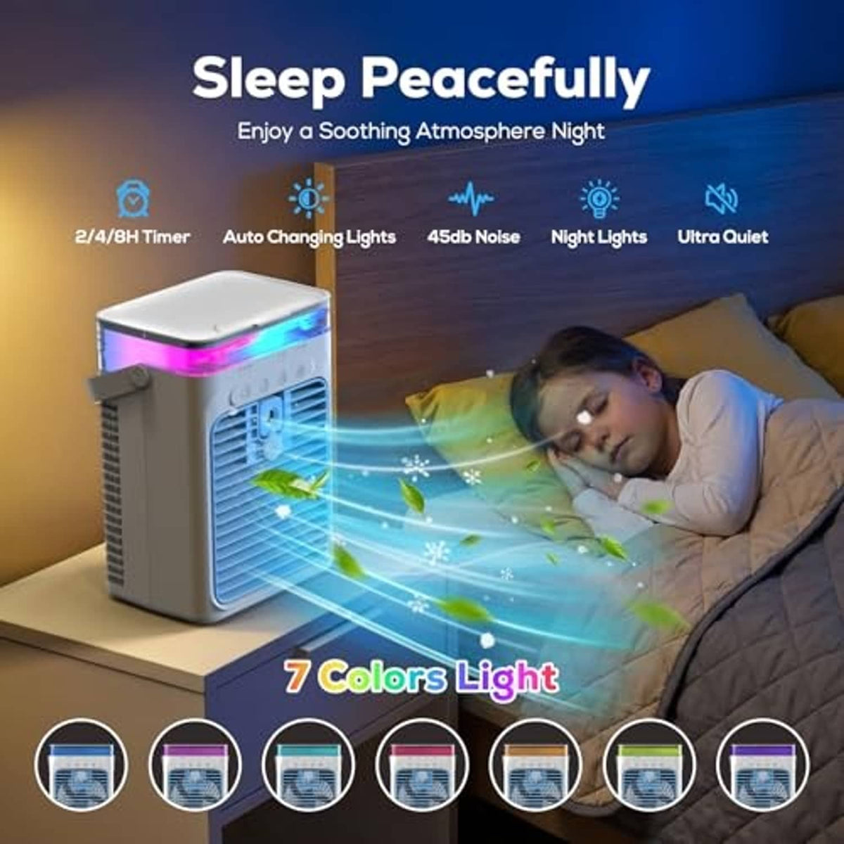 Portable evaporative air cooler with glowing blue light strip and front vents.