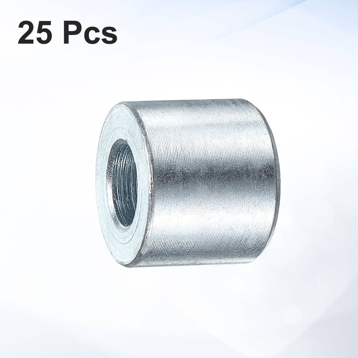 Silver cylindrical spacer bushing with central hole opening