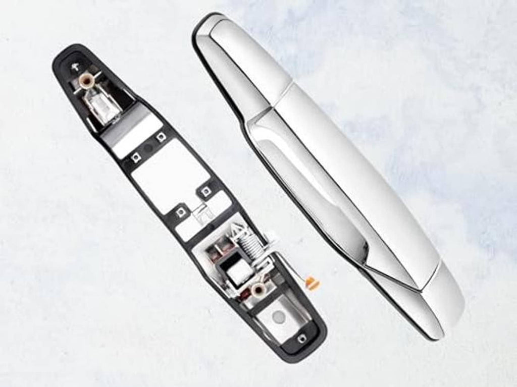 Chrome door handle with inside mounting bracket and latch mechanism