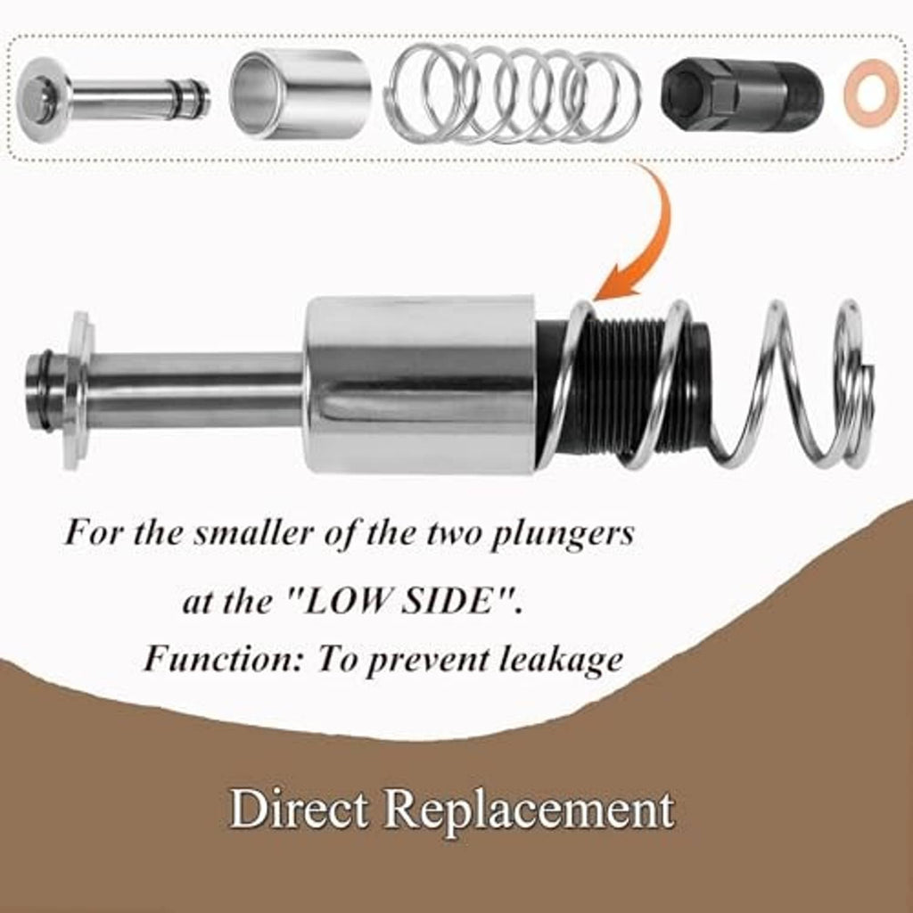 Exploded pump piston replacement kit with cylinder, spring, plunger rod, black housing, washer
