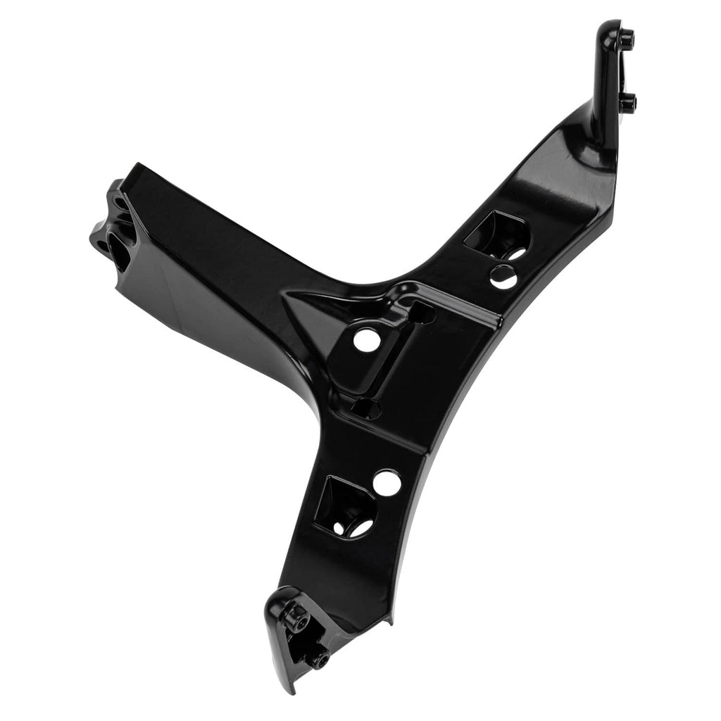 Black front headlight upper fairing stay bracket with angled arms and mounting holes