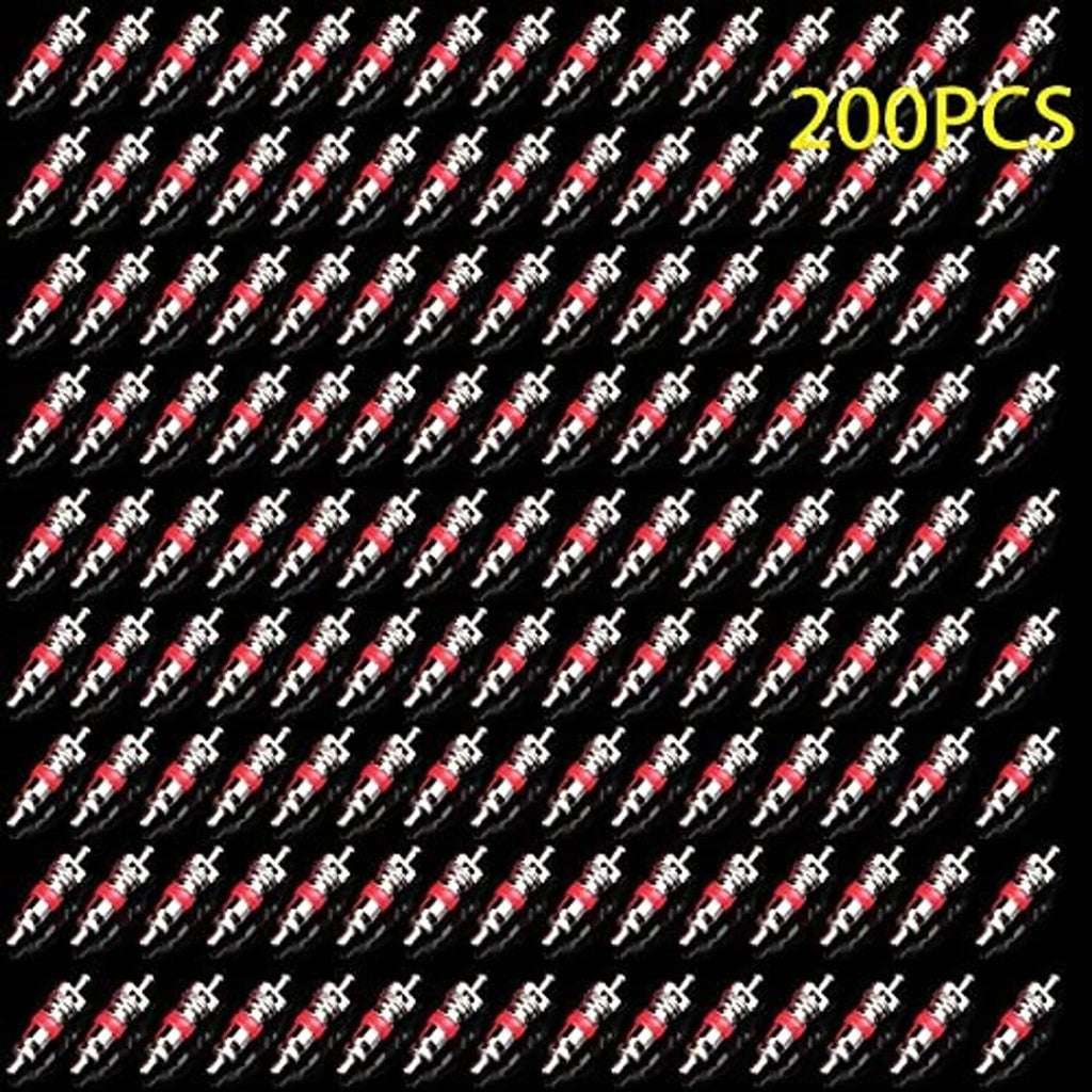 200 tire valve stem cores in rows, silver metal with red rubber sealing rings