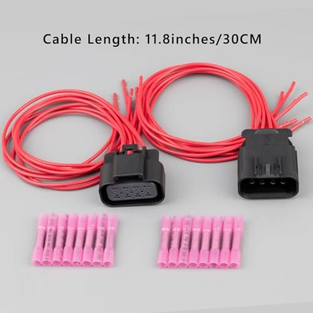 Headlight wiring harness with red cable leads, two black plugs, and terminal pins