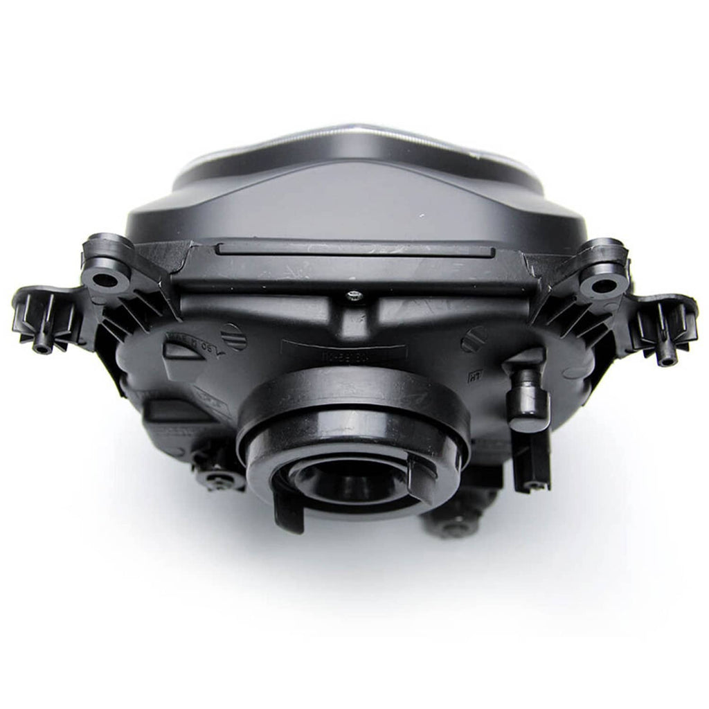 Headlight assembly rear view with headlamp bulb socket and black mounting hardware