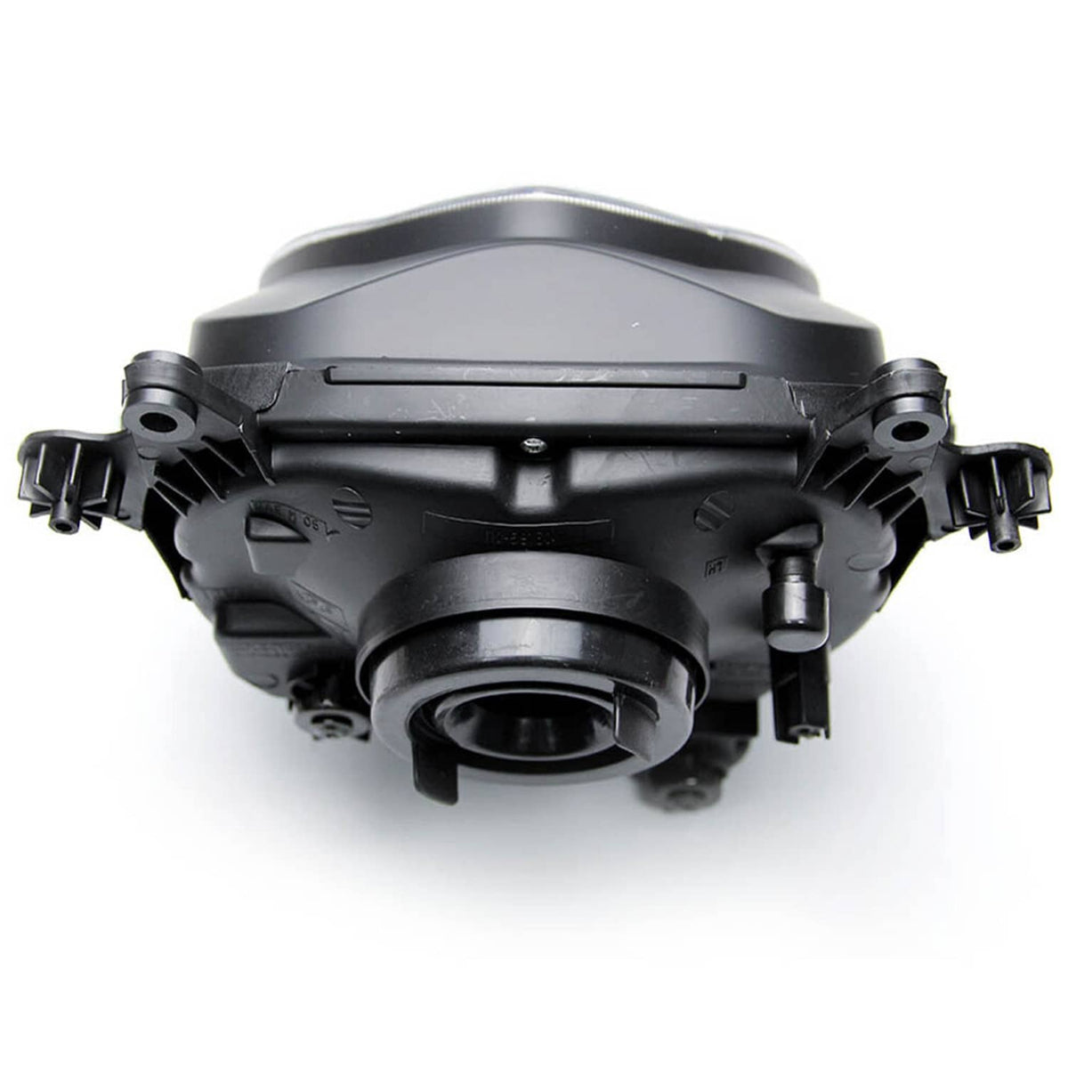 Headlight assembly rear view with headlamp bulb socket and black mounting hardware