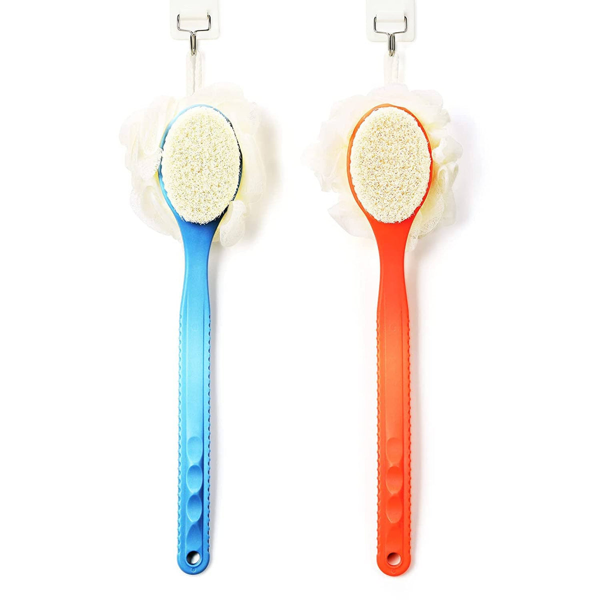 Pair of shower body brushes with blue and orange handles and loofah scrub heads