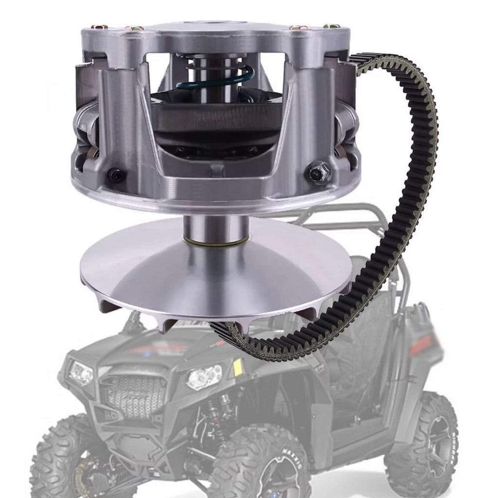 Clutch assembly with black drive belt loop and silver fan-style pulley housing