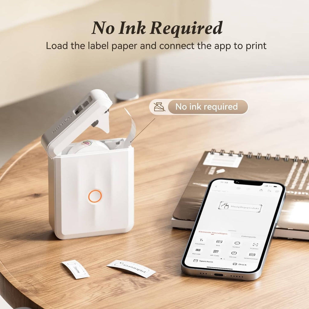 White inkless thermal label maker with open paper tray and smartphone preview
