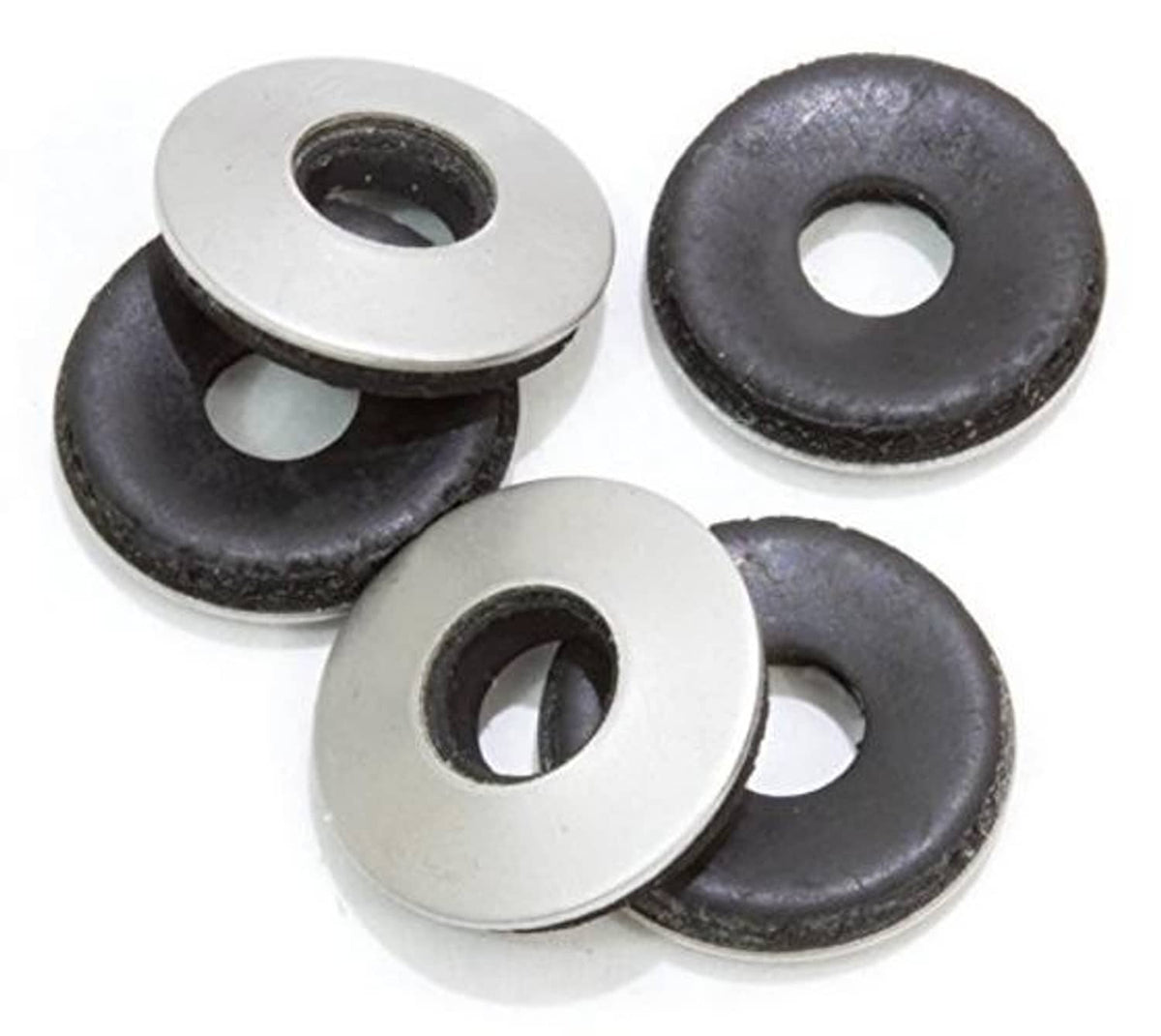 Mixed stainless steel EPDM washers stack, black rubber and silver metal, round holes