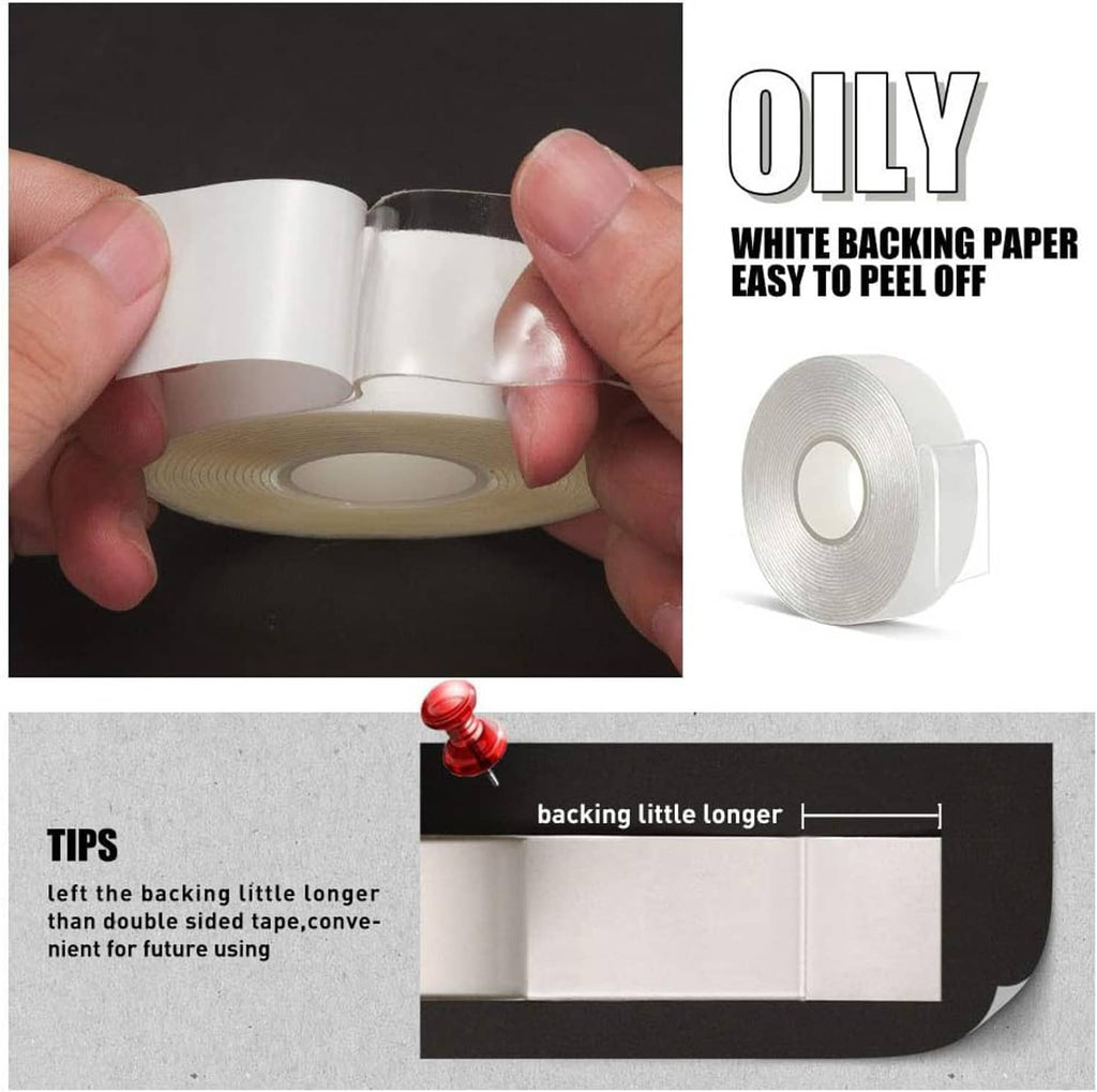 Double-sided acrylic adhesive tape roll with white backing paper being peeled
