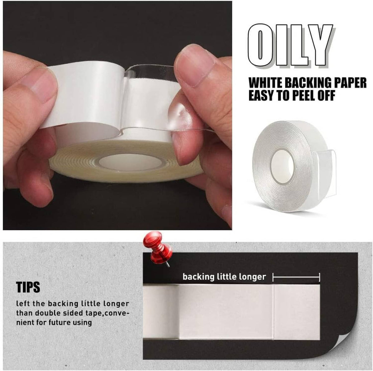 Double-sided acrylic adhesive tape roll with white backing paper being peeled