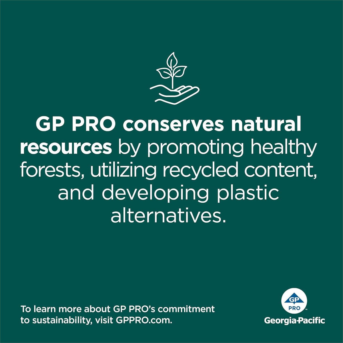 Sustainability promotional card with GP Pro icon and Georgia-Pacific logo, teal background