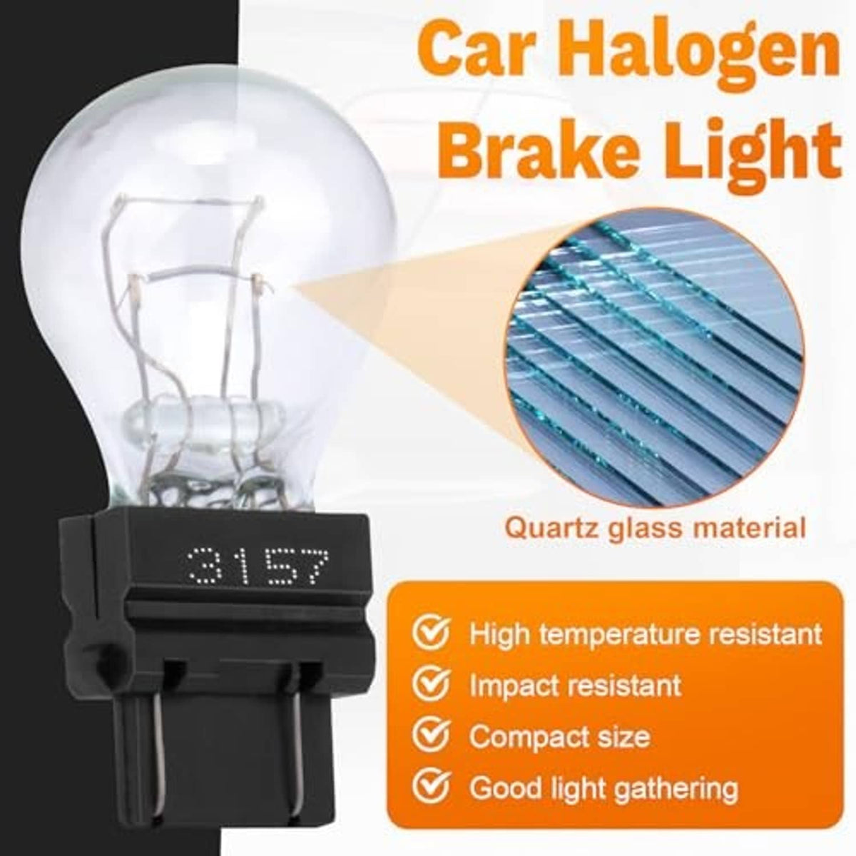 Clear glass car brake light bulb with black base and 3157 marking