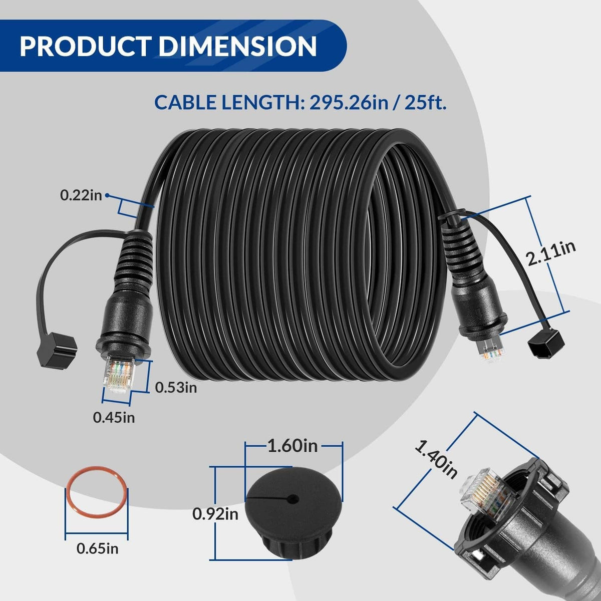 Black 25 ft marine network cable with RJ45 male connectors and length diagram