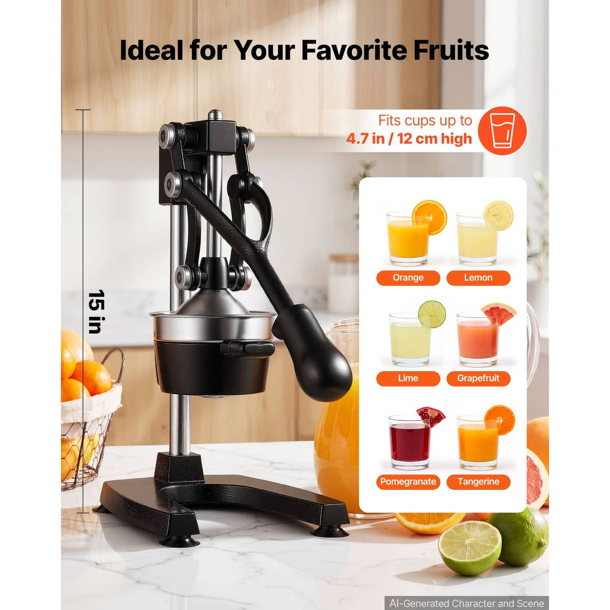 Manual citrus juicer press standing on black base for extracting citrus juice