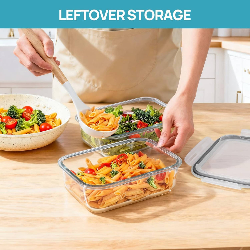 Clear glass leftover storage container with snap-lock lid and visible food