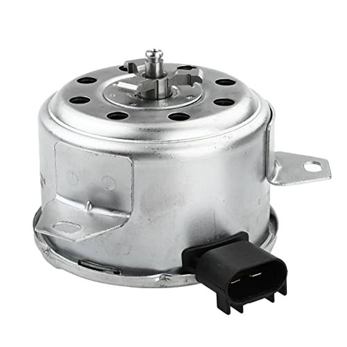 Radiator fan cooling motor with silver canister housing and black electrical plug