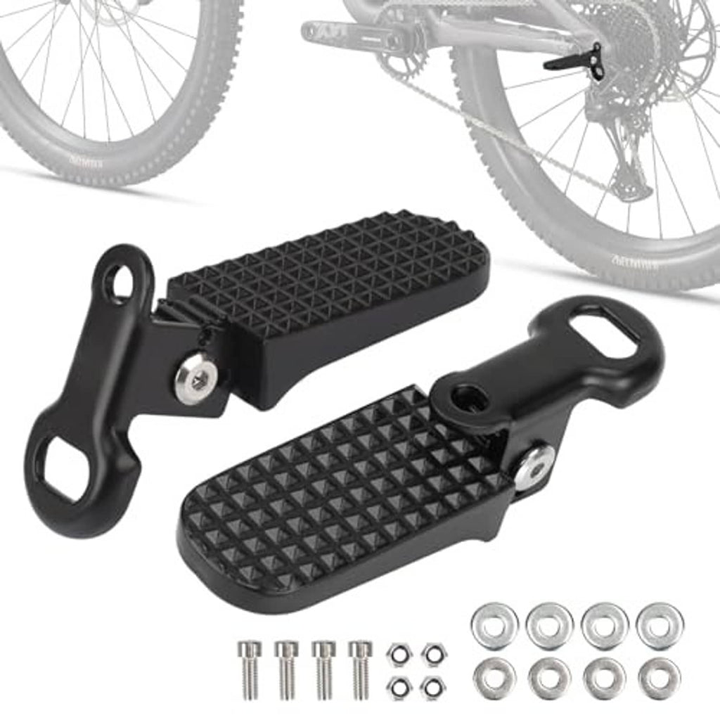Pair of black non-slip bike foot pegs with mounting brackets and included bolts
