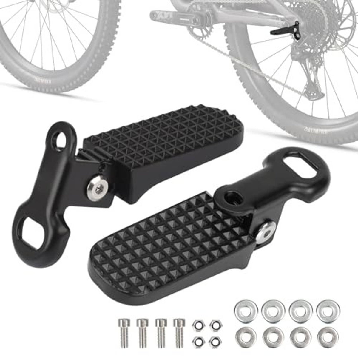 Pair of black non-slip bike foot pegs with mounting brackets and included bolts