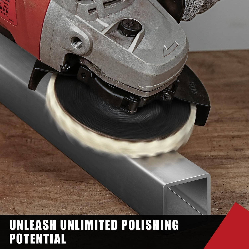 Wool flap polishing disc grinding on an angle grinder, showing active polishing contact