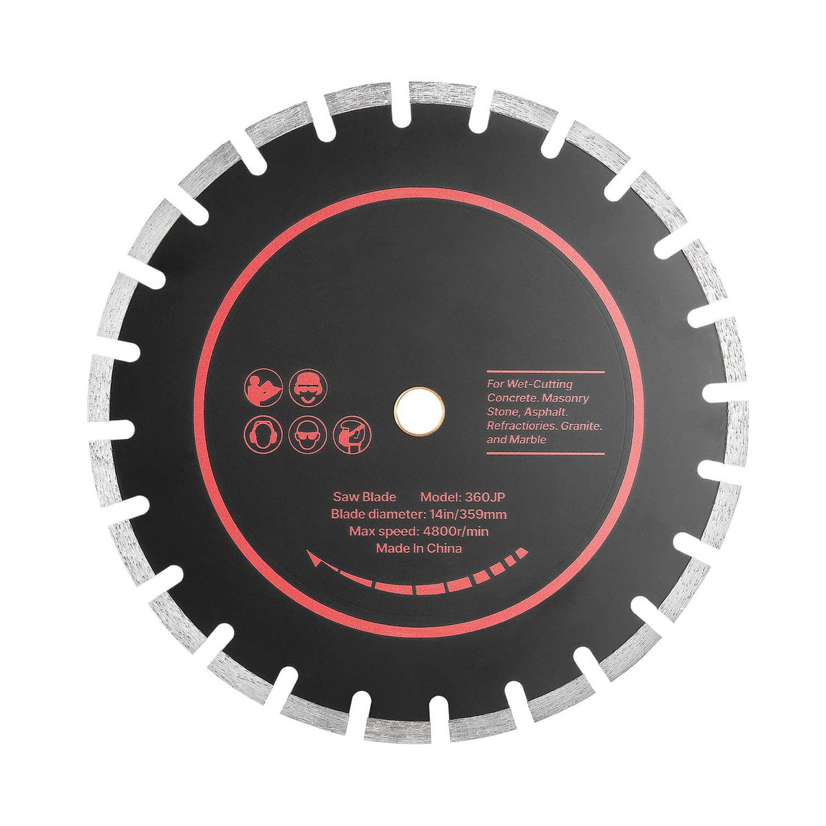 14 in diamond saw blade, red ring, segmented rim for wet/dry masonry cutting