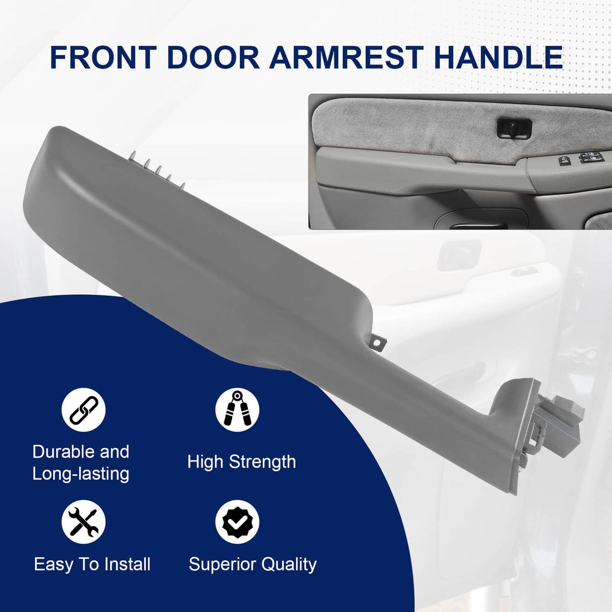 Front door armrest handle, dark gray molded plastic with mounting bracket