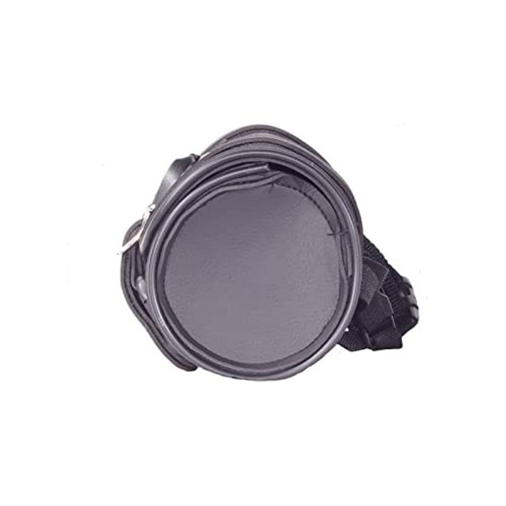 Black roll-top motorcycle bag with round opening and layered straps