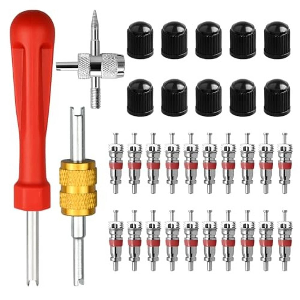 Tire valve core tool kit with red handle, gold adapter, and black cap set