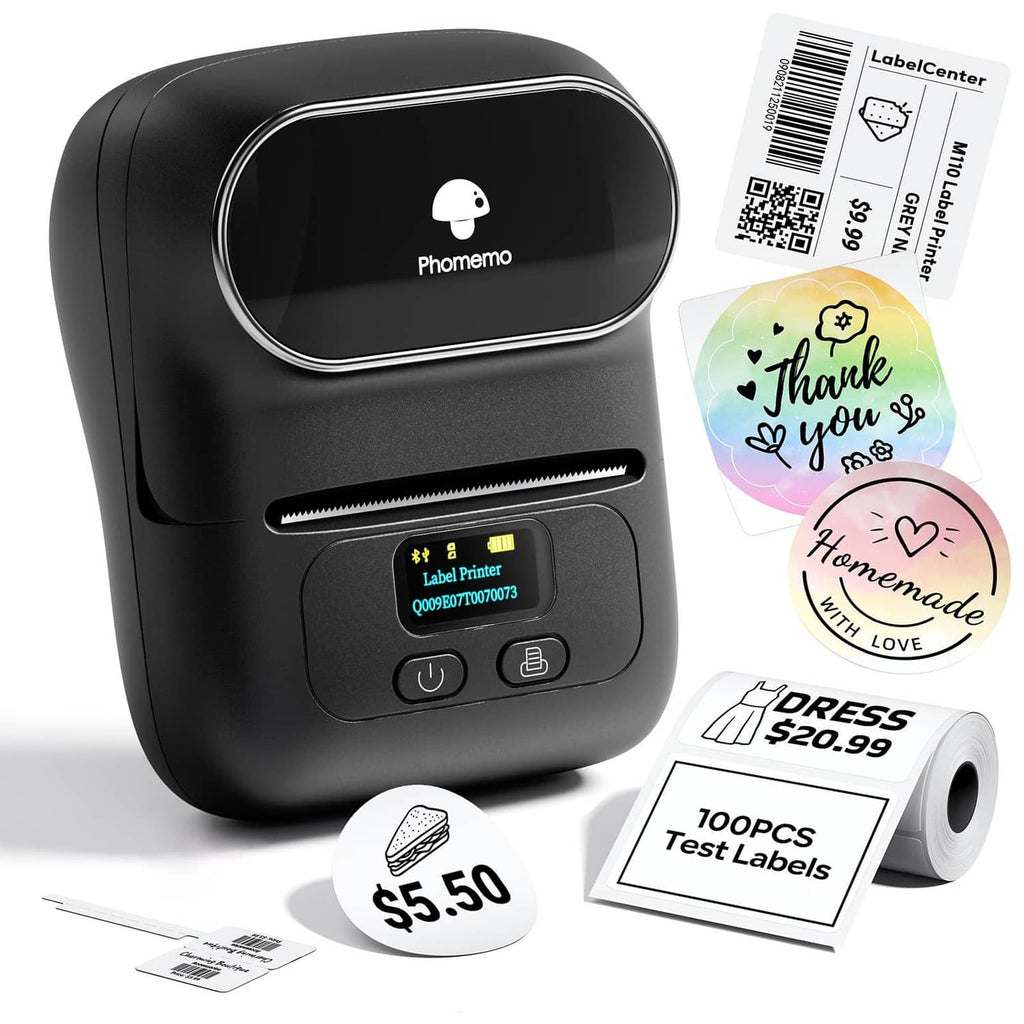 Black Phomemo portable thermal label printer with front screen and printed label roll