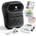 Black Phomemo portable thermal label printer with front screen and printed label roll