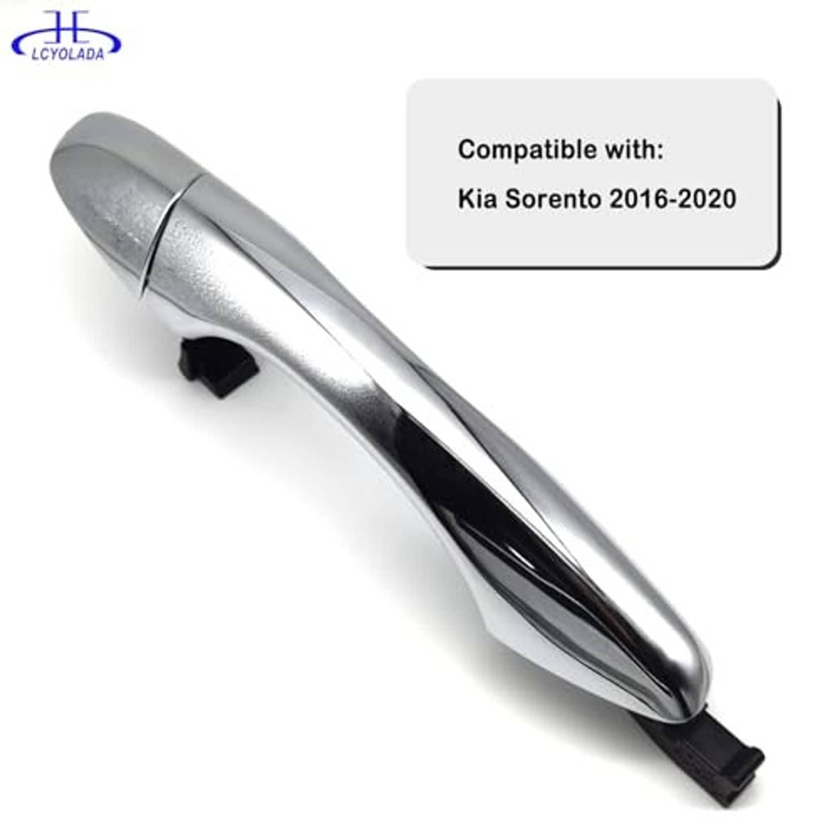 Metallic silver chrome exterior door handle with black base and end cap
