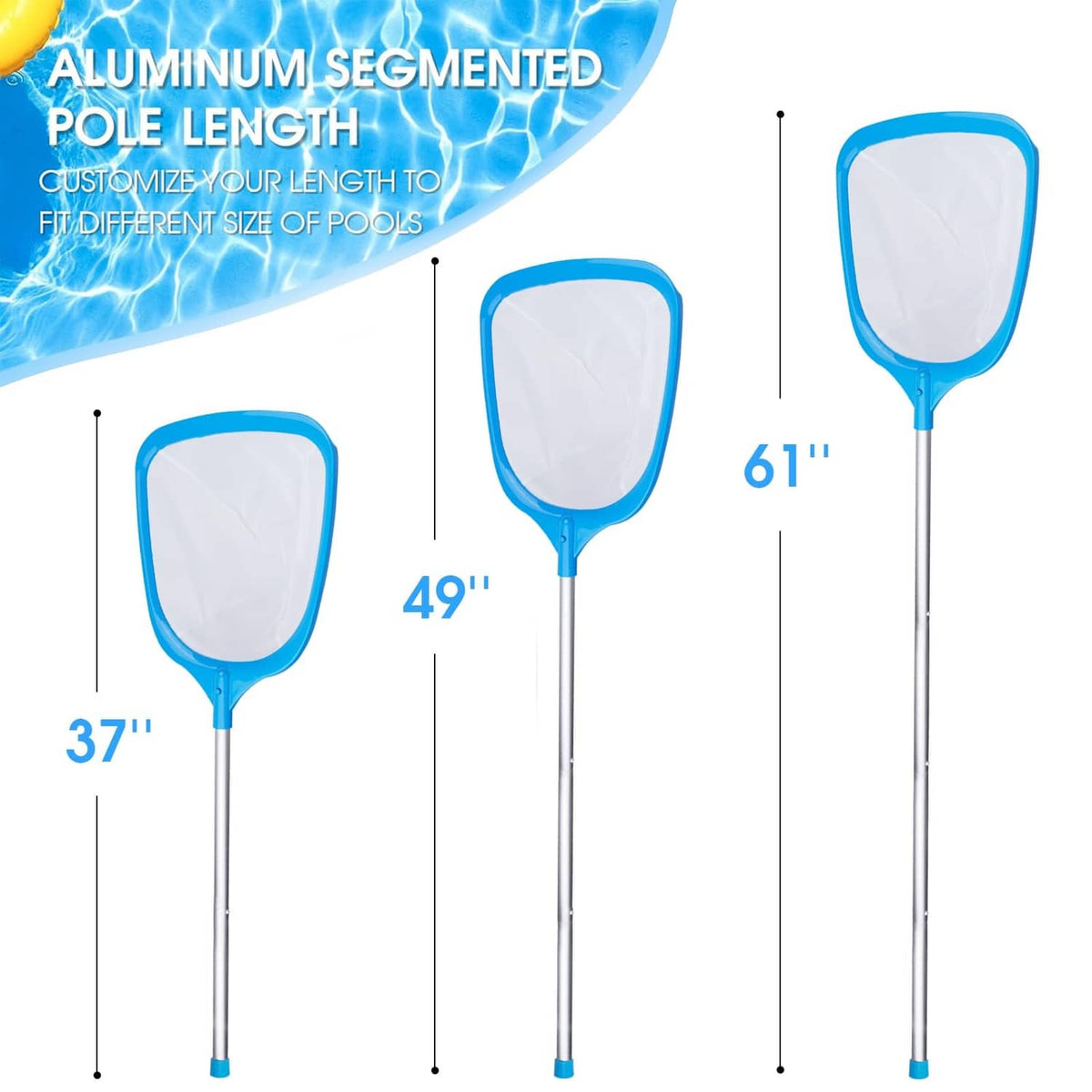 Blue pool skimmer net with white mesh bag and segmented adjustable silver pole