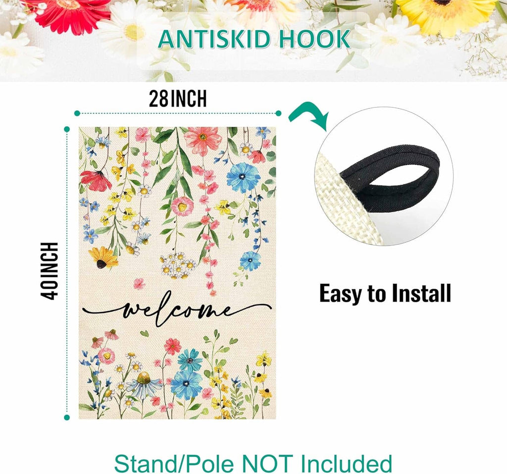Floral welcome yard flag with black “welcome” script and multicolor flowers on cream fabric