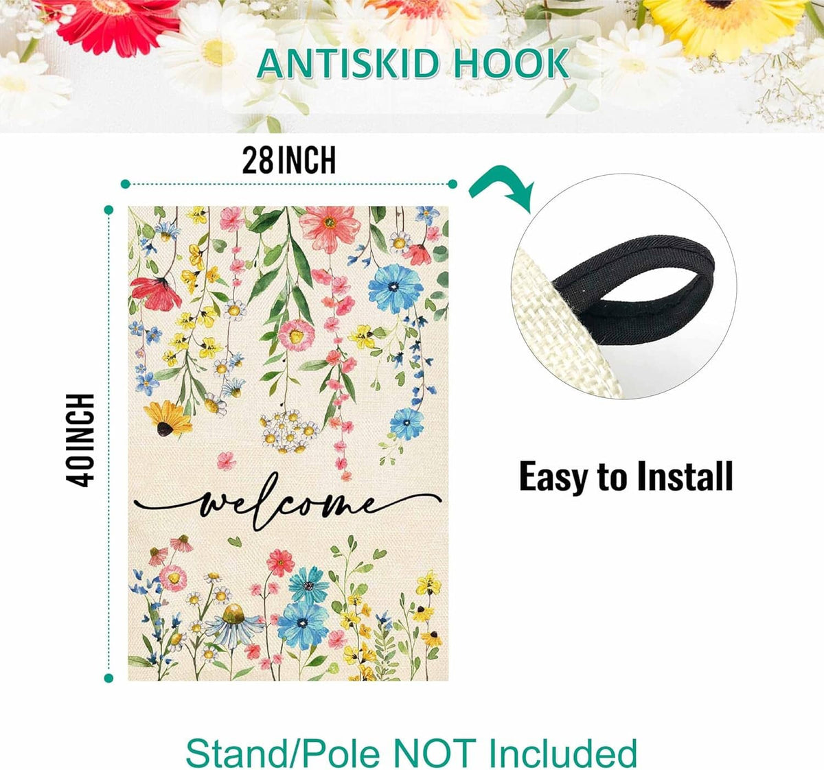 Floral welcome yard flag with black “welcome” script and multicolor flowers on cream fabric