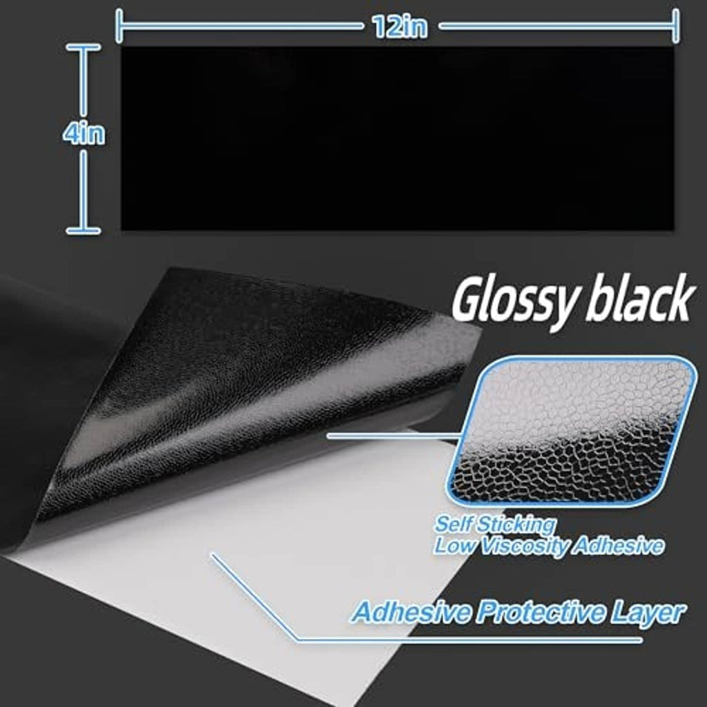 Glossy black self-sticking emblem vinyl wrap sheet with adhesive protective layer diagram.
