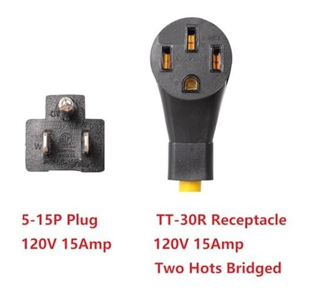Electrical plug adapter showing 5-15P plug and TT-30R receptacle, two hots bridged
