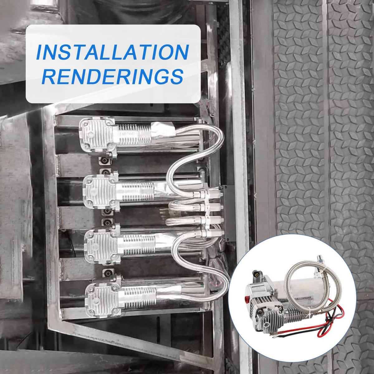 Air compressor installed on mounting bracket with connected hoses and wiring