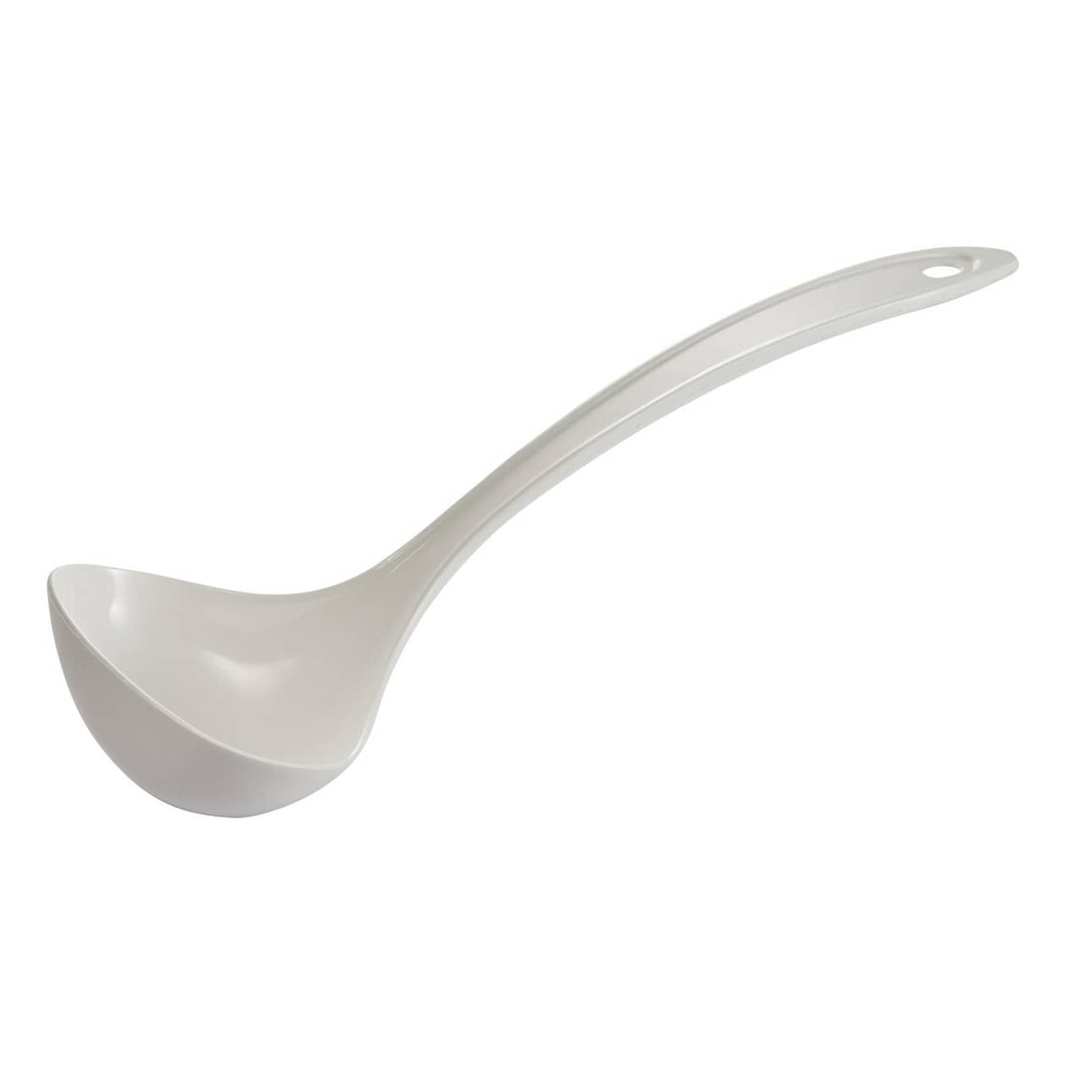 White plastic skimmer spoon with perforated bowl and oval hole at handle end