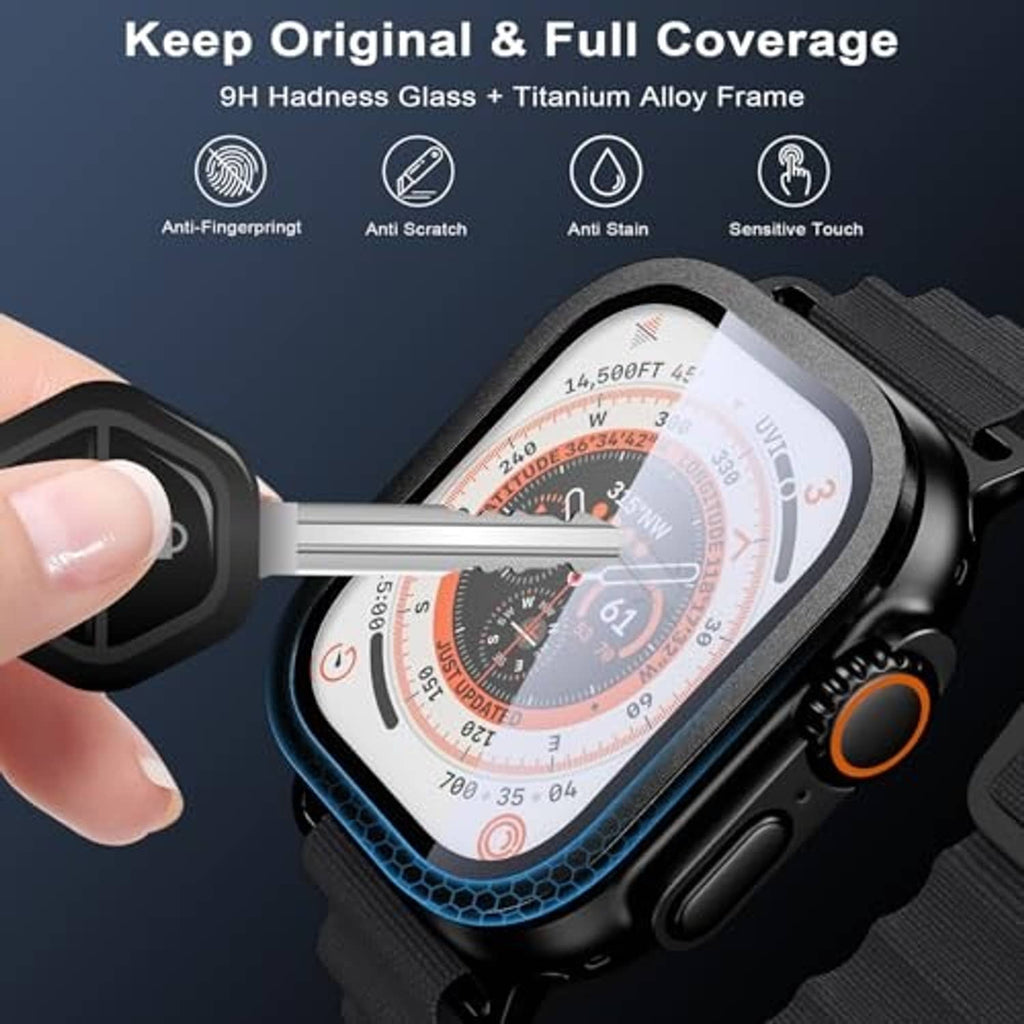 Black Apple Watch Ultra case with clear screen protector; finger tapping the display