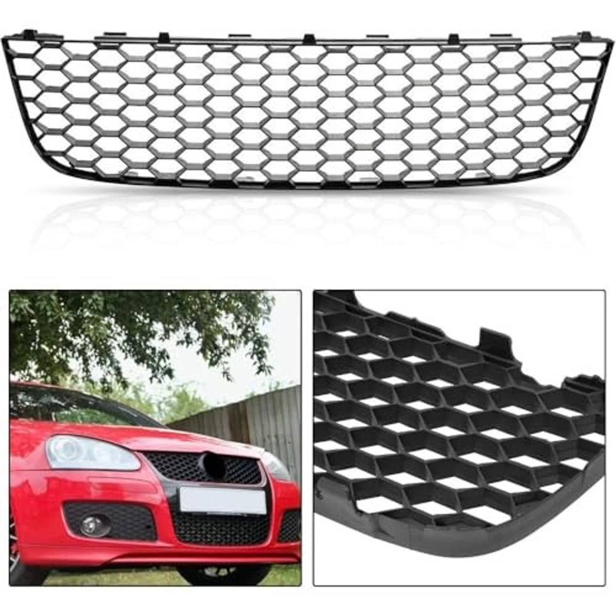 Black honeycomb mesh front lower grille, horizontal bumper insert with hex pattern