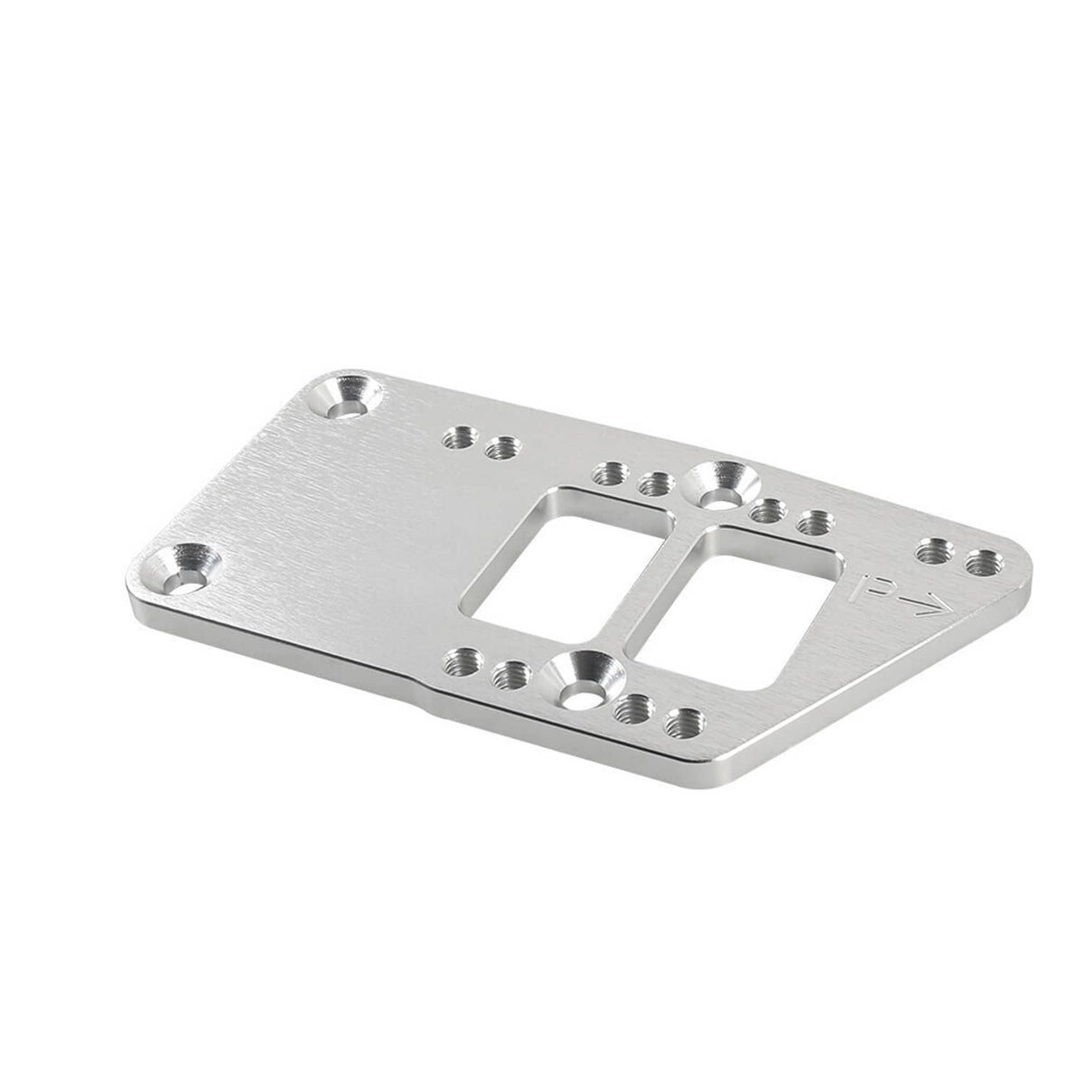 Engine motor mount adapter plate, silver with two rectangular openings and countersunk holes