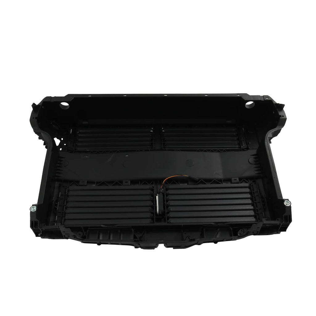 Front grille air shutter housing with side mounting holes, black plastic with shutter slats