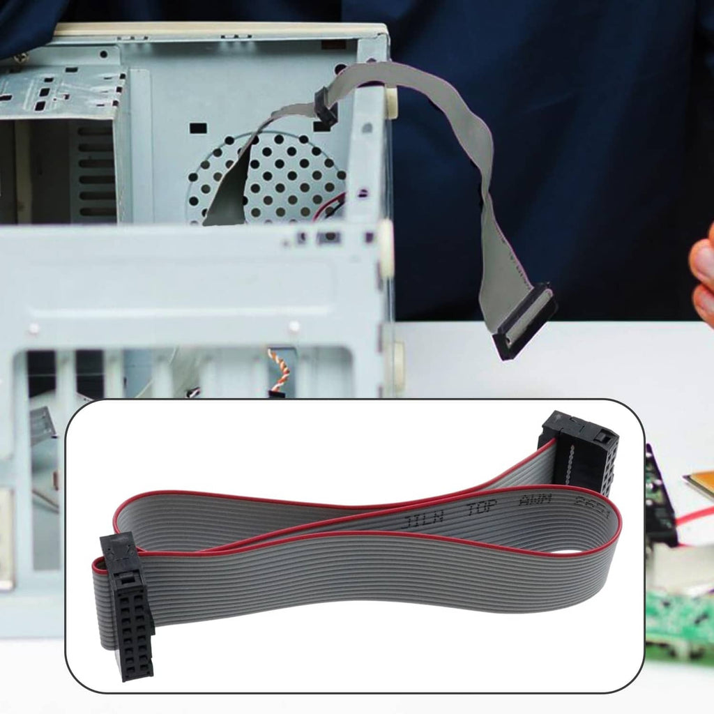 Flat ribbon cable with two black 16-pin IDC connectors, gray ribbon, 30 cm