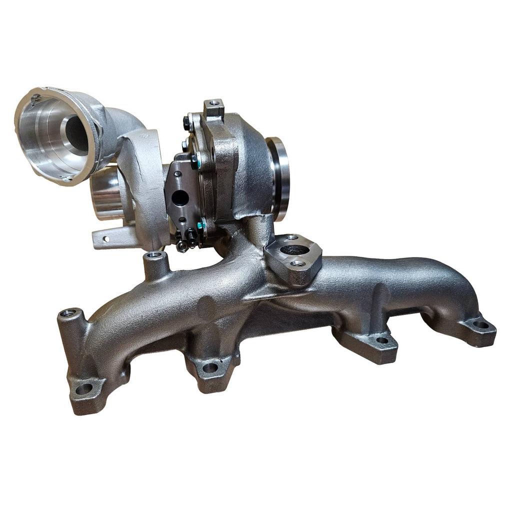 Turbocharger assembly with compressor housing and outlet, silver metal and dark fittings
