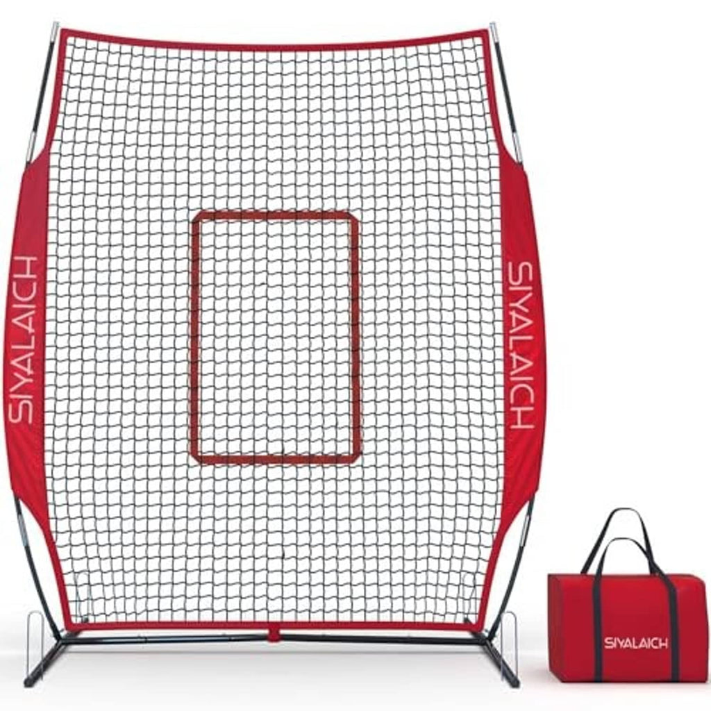 Portable pitching screen with white net, red frame, and included red storage bag