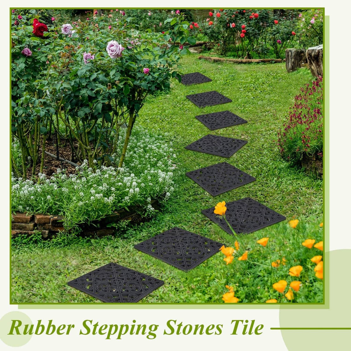 Black square rubber stepping stone tiles with geometric swirl cutout pattern on grass path
