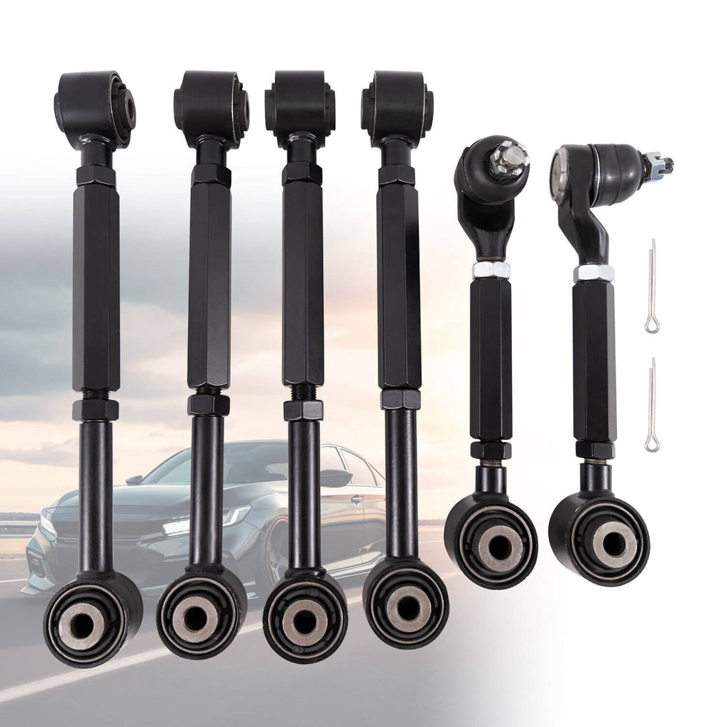 Black rear toe camber control arms with spherical ends and rubber bushings, 6 pieces