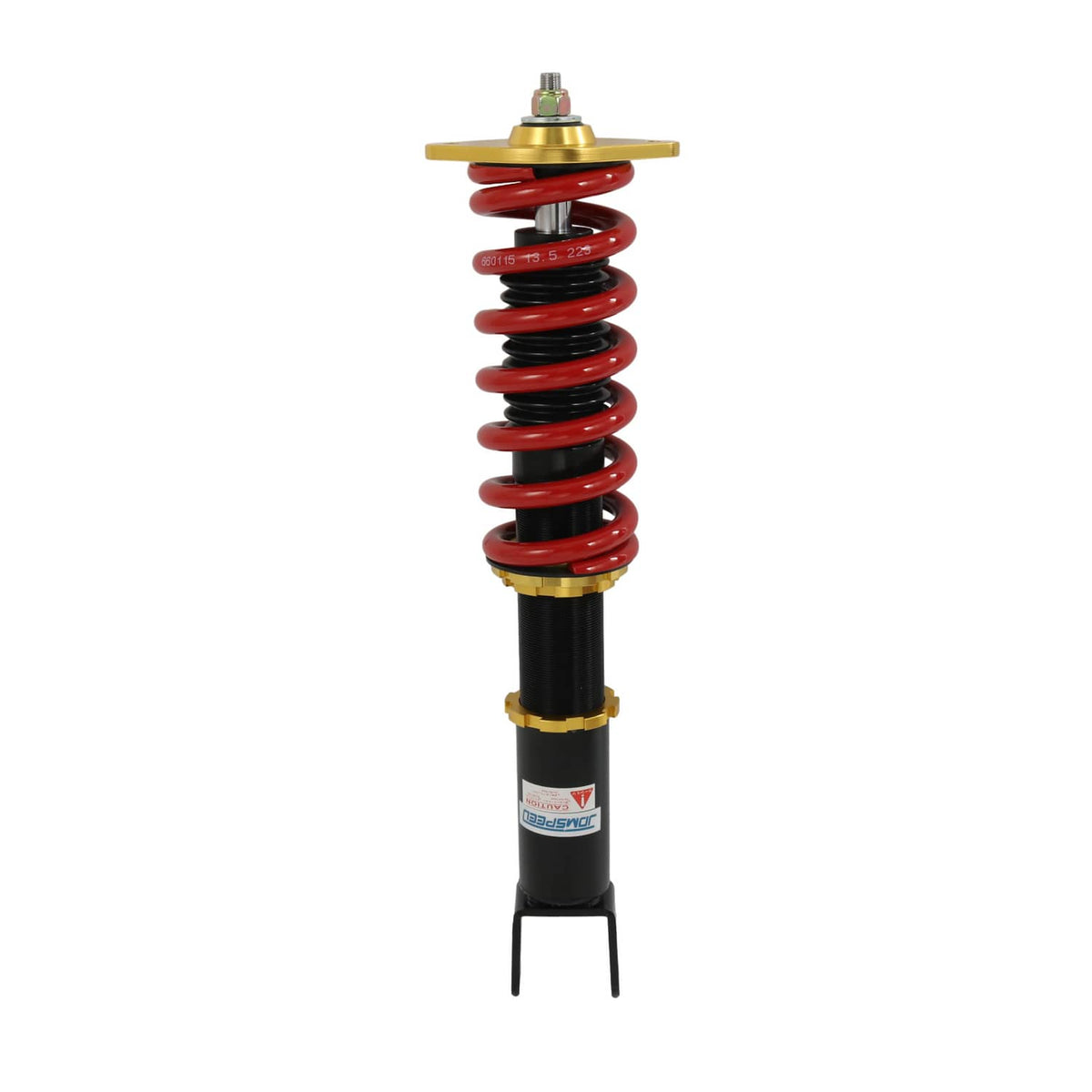 Standing coilover strut with red spring, gold top cap, and black shock body
