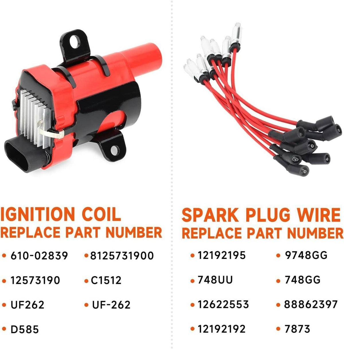 Ignition coil spark plug wire set with red cables and red coil packs, side-by-side layout