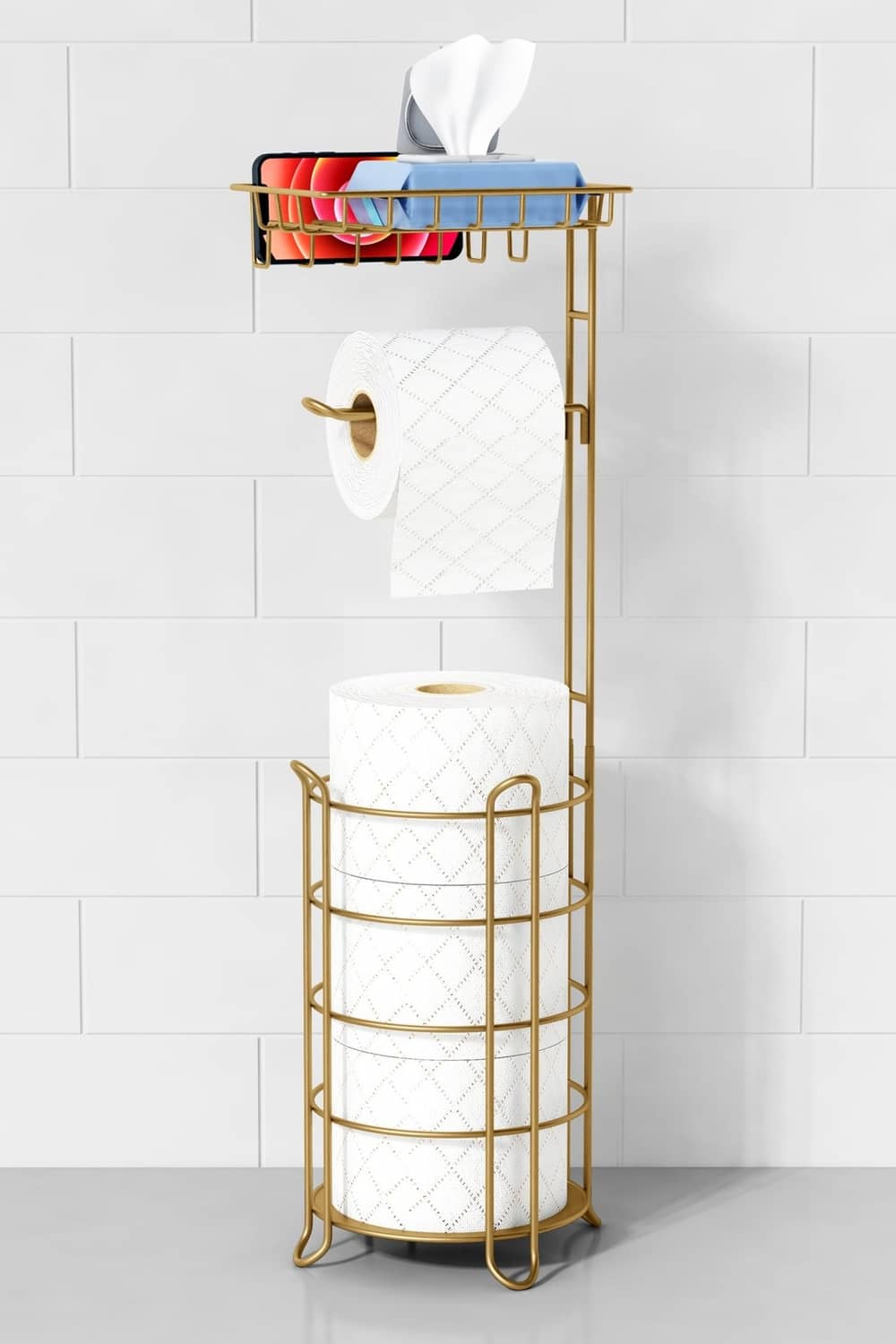Gold freestanding toilet paper holder stand with top shelf for phone and extra rolls
